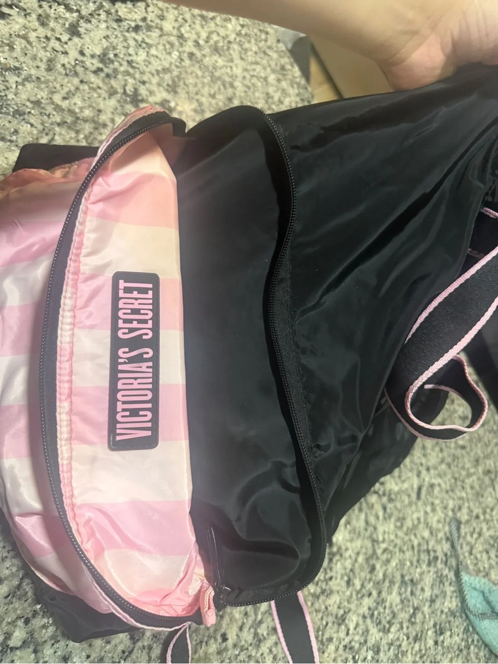Victoria's Secret Black Backpack with Pink Striped Front Pocket